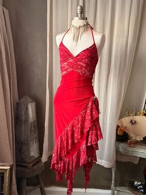 True vintage red lace fairycore whimsygoth prom dress y2k asymmetrical hem